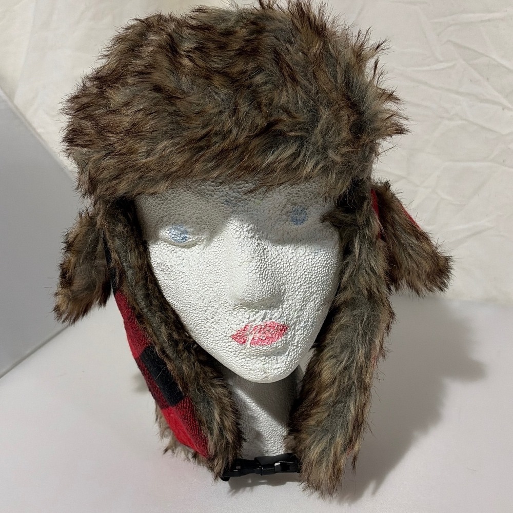 SA Company Trapper Hat Red Black Buffalo Plaid Faux Fur Ear Flap Bomber Hat